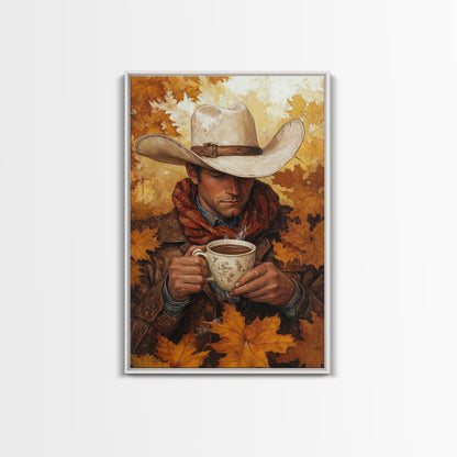 Cowboy Holding Hot Drink Framed Canvas Print - Moody Winter Landscape Art Perfect 2024 Christmas Wall Decor