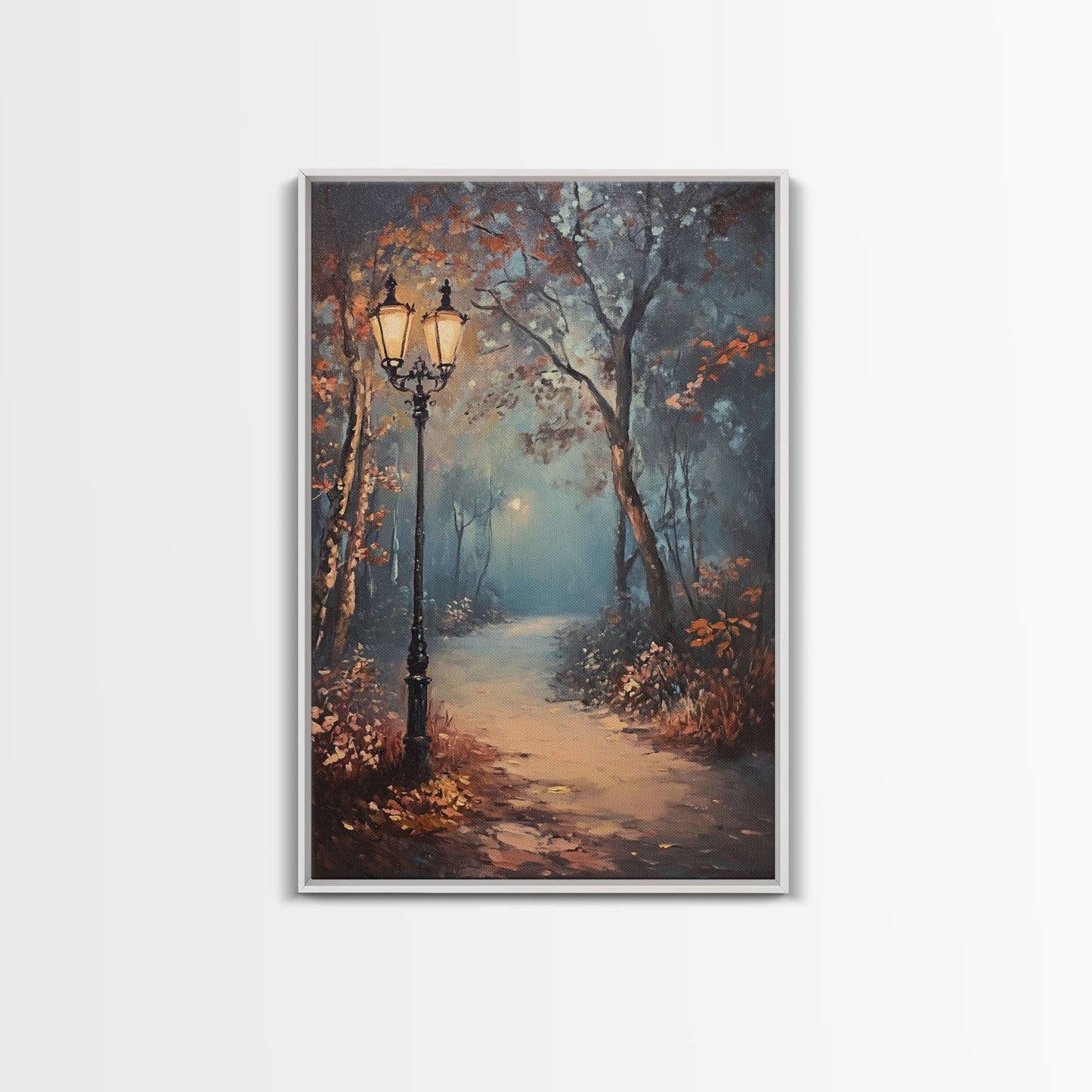 Spooky Street Lights In The City Park, Framed Canvas Print, Wood Framed Wall Art, Fall Decor, Holiday Decor, Seasonal Gift Idea