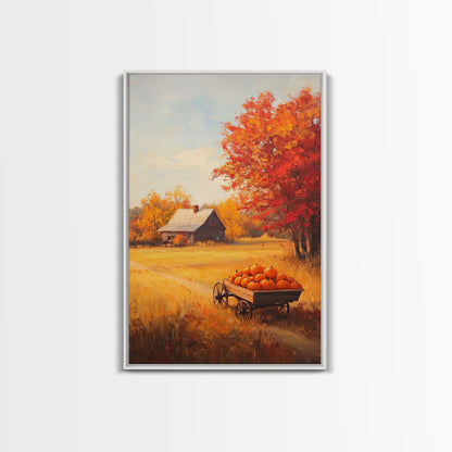 Pumpkin Cart In Fall Field Framed Canvas Print Rustic Autumn Country Farmhouse Decor Perfect Seasonal Art For Farmhouse Christmas Wall Art