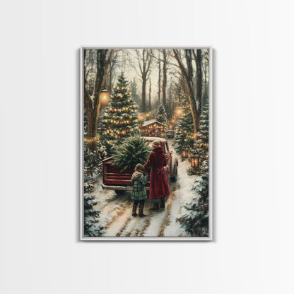 Rustic Christmas Tree Farm with Red Truck in Snowy Forest, Ideal Farmhouse Christmas Decor for Holiday Wall Art, Framed Canvas Print