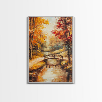 Autumn Bridge Over Stream Framed Canvas Print Wall Art Fall Landscape Decor, Rustic Autumn Art Gift, Seasonal Wall Art