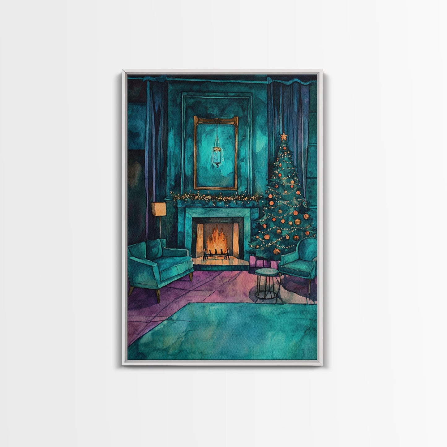 Cozy living room with Christmas tree and fireplace, Framed Canvas Print, Christmas wall art, perfect modern farmhouse holiday decor