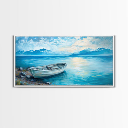 Boat on Tranquil Lake Canvas Print Coastal Landscape Art Nautical Wall Art Rustic Decor Above Sofa Artwork Bedroom Art Original Painting