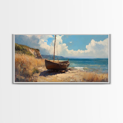 Rustic Sailboat Framed Canvas Print Nautical Wall Art Coastal Landscape Art Barn Landscape Oil Painting Rustic Decor Above Sofa Art