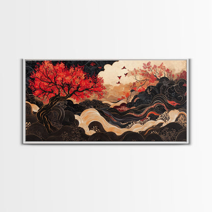 Japanese Inspired Framed Canvas Print Featuring Chinoiserie Wall Art and Autumn Tree Painting Unique Horizontal Living Room Art