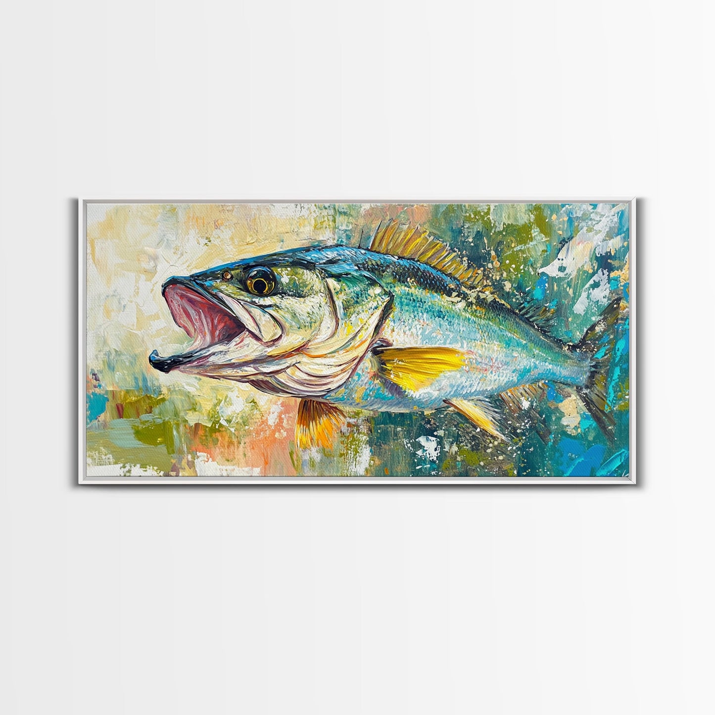 Fish Painting, Coastal Wall Art, Nautical Decor, Wildlife Painting, Fly Fishing Art, Extra Wide Art, Framed Canvas Print, Above Couch Art