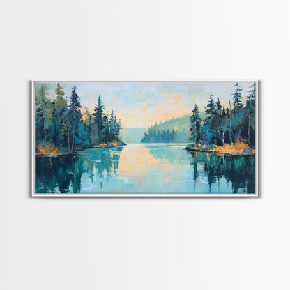 Tranquil Lake, pine tree art, landscape painting, smoky mountain art, panoramic painting, nature painting, Framed Canvas Print