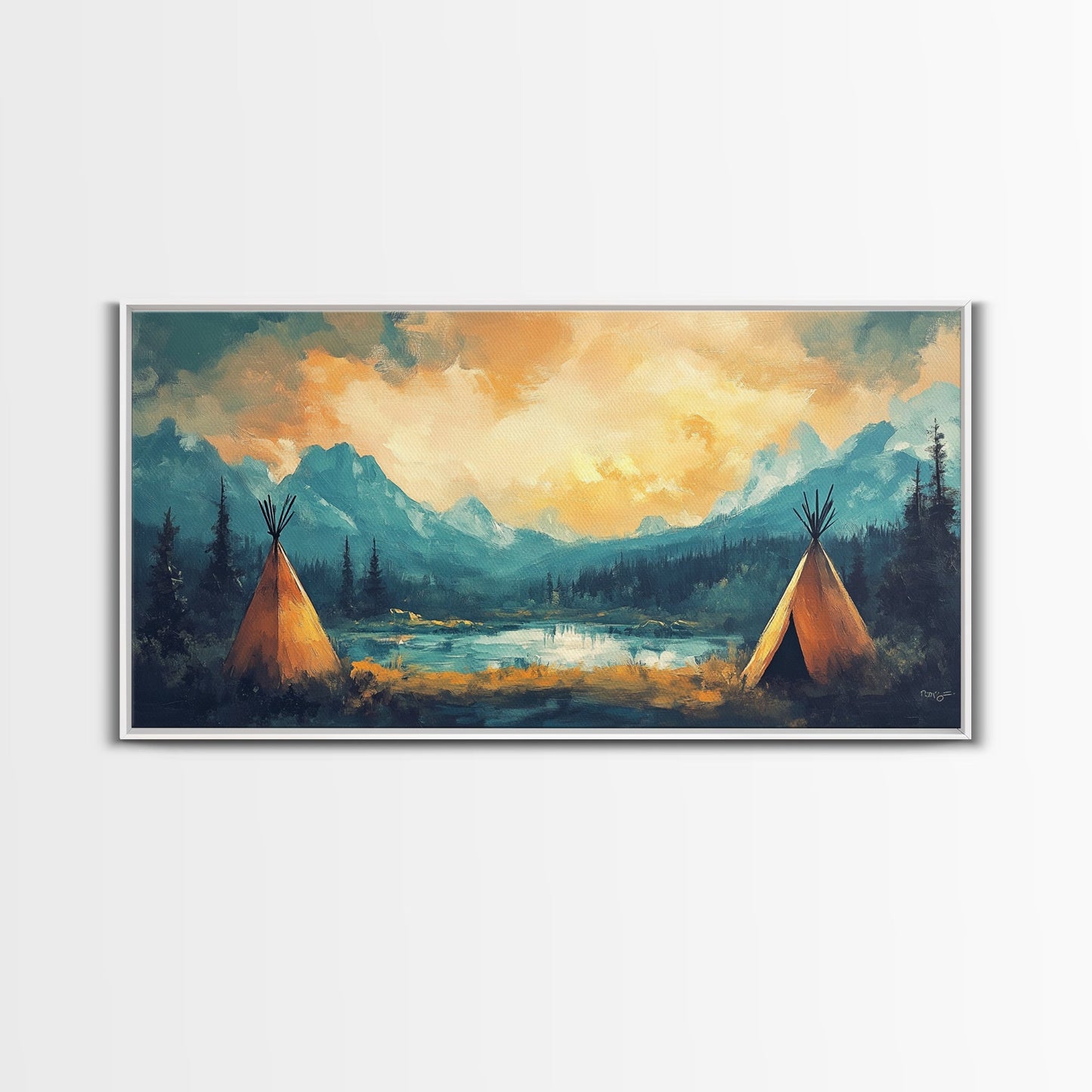 Teepee Camp, southwest wall art, landscape painting, mountain painting, rustic decor, moody art, Framed Canvas Print, panoramic painting