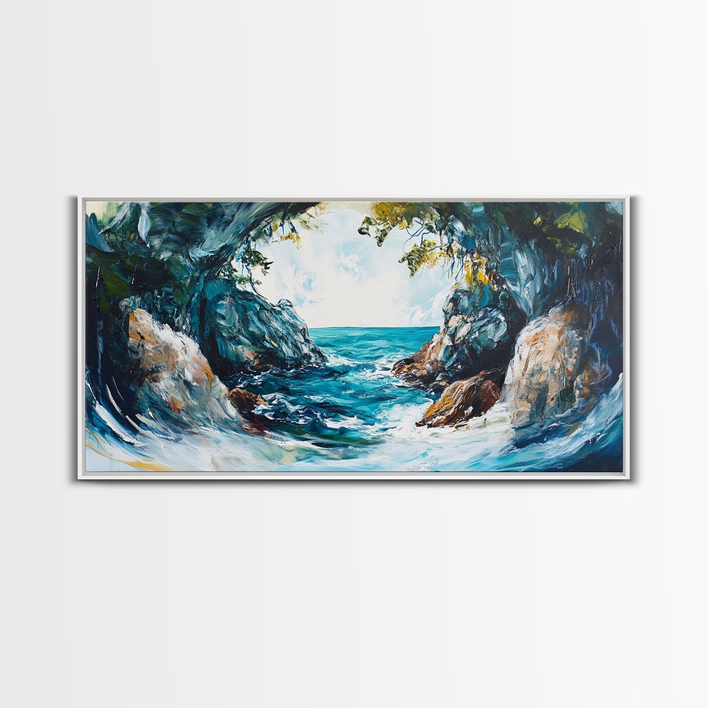 Ocean Cave, coastal landscape art, seascape painting, blue and green wall art, framed canvas print, extra wide art, beach painting