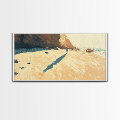 Lone Beach Wanderer, Framed Canvas Print, landscape painting, moody art, wabi sabi wall art, extra wide art, above bed wall art