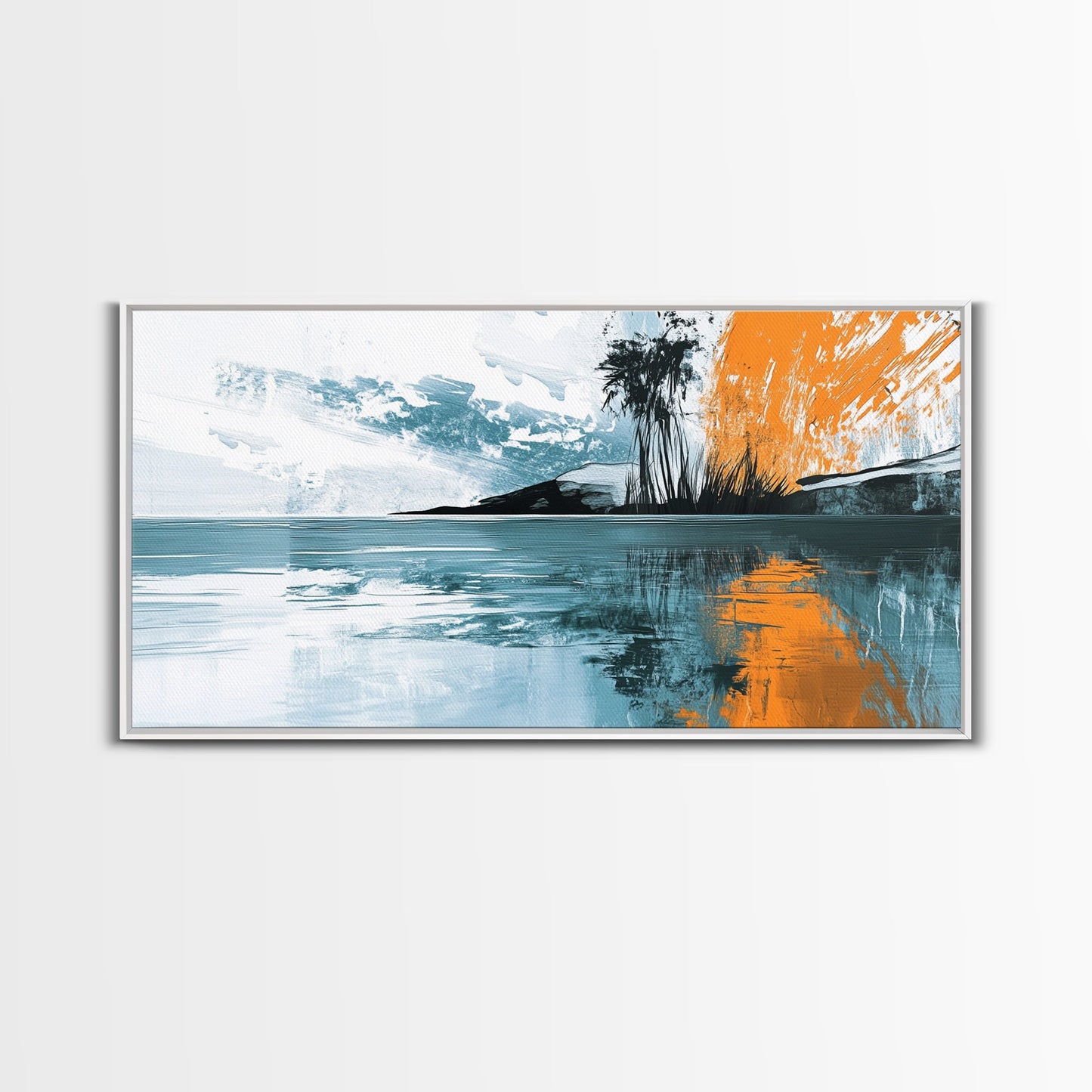 Palm Reflection, tropical coastal art, framed canvas print, coastal cowgirl wall art, panoramic painting, modern abstract art