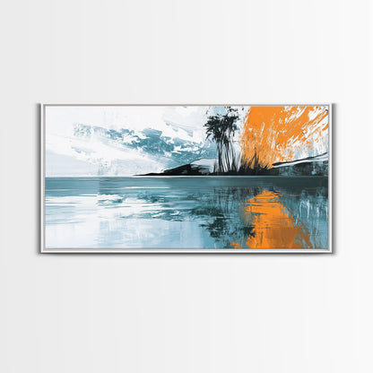 Palm Reflection, tropical coastal art, framed canvas print, coastal cowgirl wall art, panoramic painting, modern abstract art