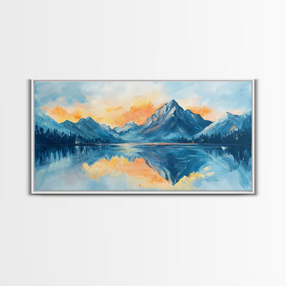 Lake Reflection, Sunset Mountains, Panoramic Art, Framed Canvas Print, Mountain Painting, Lake Art, Horizontal Wall Art, Bedroom Art
