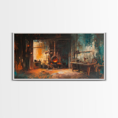 Rustic forge, blacksmith, industrial art, dark romance painting, vintage art, moody art, framed canvas print, horizontal wall art, gift idea