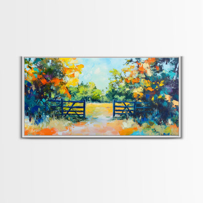 Open Gate, countryside painting, landscape art, framed canvas print, autumn wall art, farmhouse decor, rustic art, extra wide art