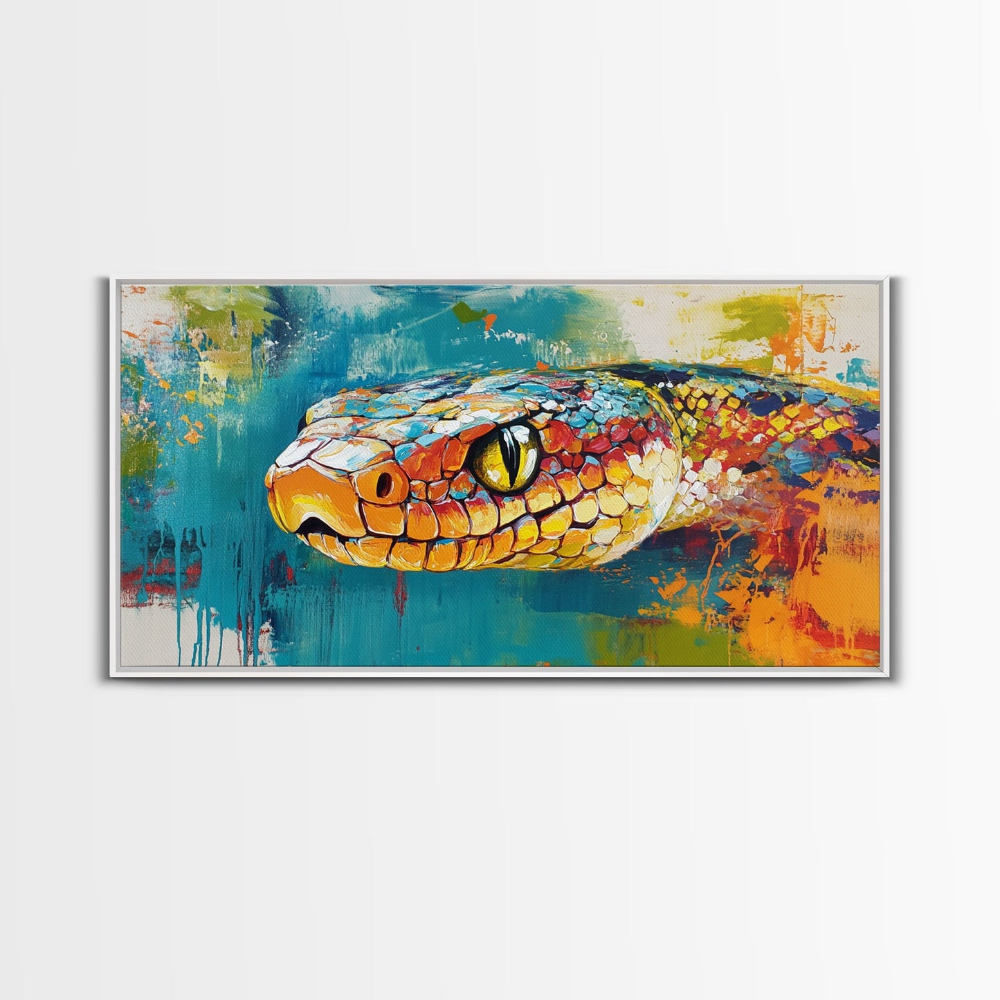 Colorful Snake, wildlife painting, framed canvas print, reptile wall art, bold abstract art, extra wide art, rustic decor