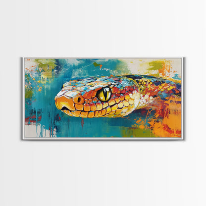 Colorful Snake, wildlife painting, framed canvas print, reptile wall art, bold abstract art, extra wide art, rustic decor