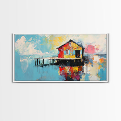 Colorful boathouse, lake reflection, coastal decor, seascape painting, nautical wall art, framed canvas print, extra wide art, gift idea