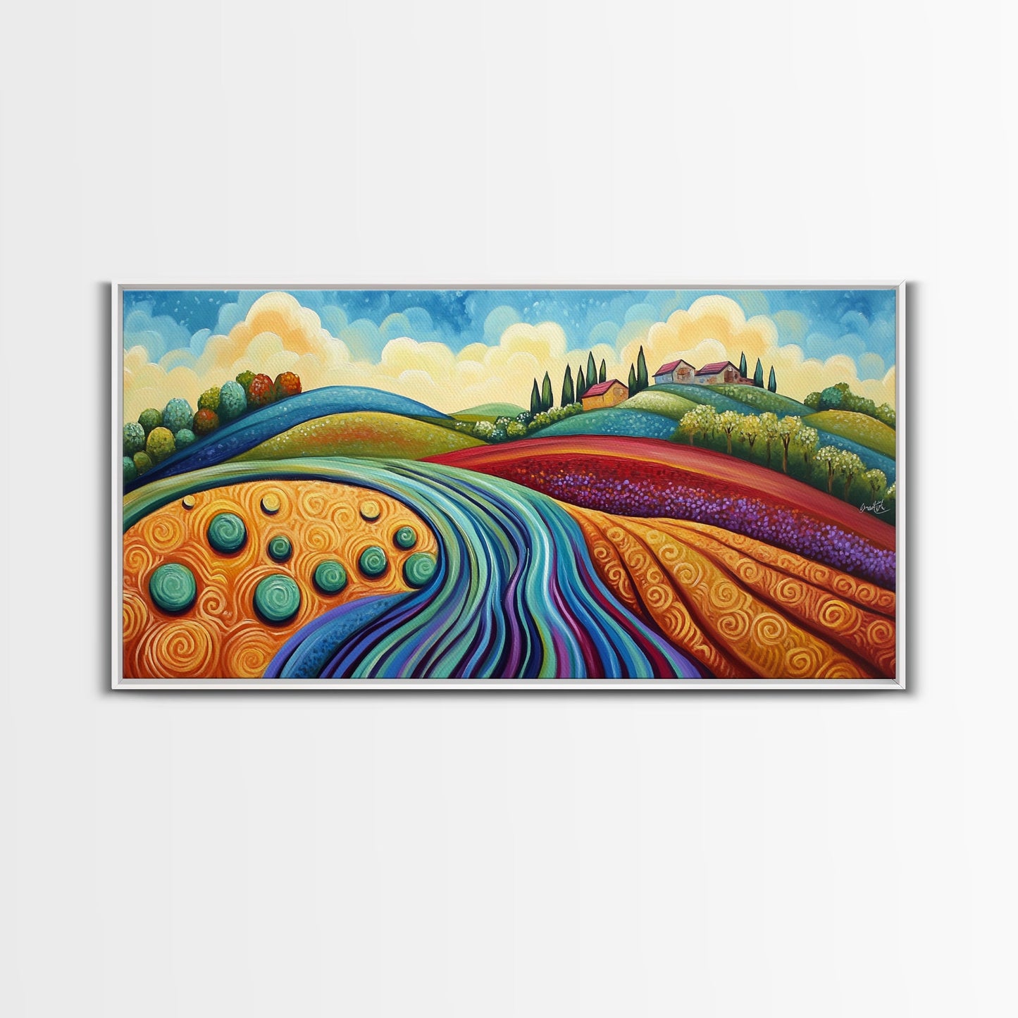 Whimsical Hills, rolling landscape, colorful fields, abstract nature, bold painting, extra wide art, Framed Canvas Print, rustic art