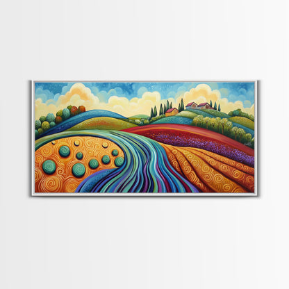 Whimsical Hills, rolling landscape, colorful fields, abstract nature, bold painting, extra wide art, Framed Canvas Print, rustic art