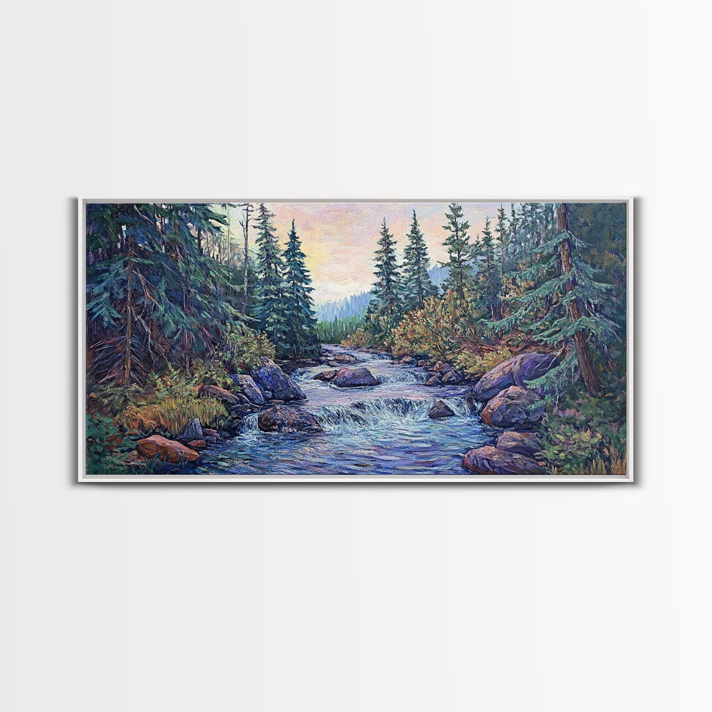 Forest River Scene, pine tree art, mountain painting, landscape painting, smoky mountain art, rustic decor, Framed Canvas Print