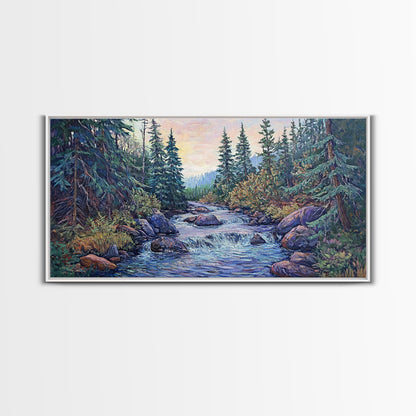 Forest River Scene, pine tree art, mountain painting, landscape painting, smoky mountain art, rustic decor, Framed Canvas Print