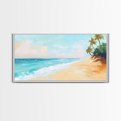 Tropical Beach, Coastal Landscape Art, Nautical Decor, Coastal Cowgirl Wall Art, Framed Canvas Print, Blue and Green Wall Art