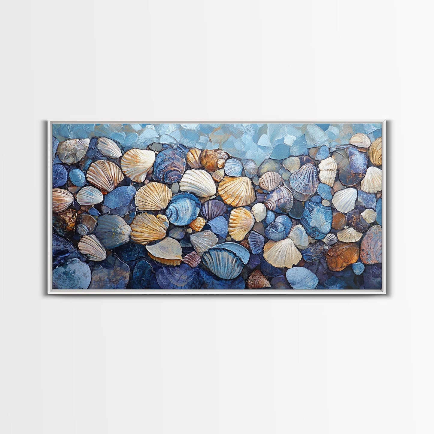 Seashell Beach Art, coastal wall art, oyster shell painting, blue and green wall art, framed canvas print, extra wide art