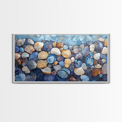 Seashell Beach Art, coastal wall art, oyster shell painting, blue and green wall art, framed canvas print, extra wide art