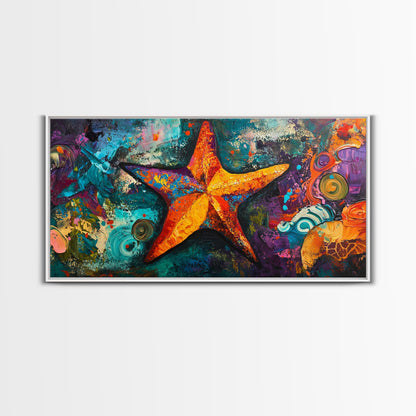Vibrant starfish, coastal abstract, nautical decor, framed canvas print, ocean painting, coastal painting, whimsical art