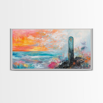 Sunset Over Ocean, pink orange wall art, coastal wall art, abstract seascape, vibrant landscape painting, Framed Canvas Print