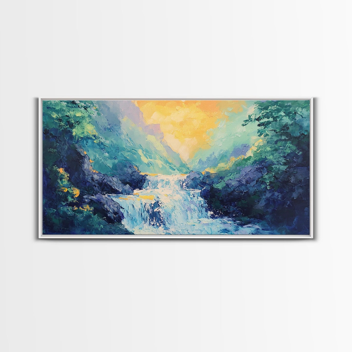 Waterfall Painting, Canvas Print, mountain painting, extra wide painting, nature landscape art, panoramic art, bedroom wall art