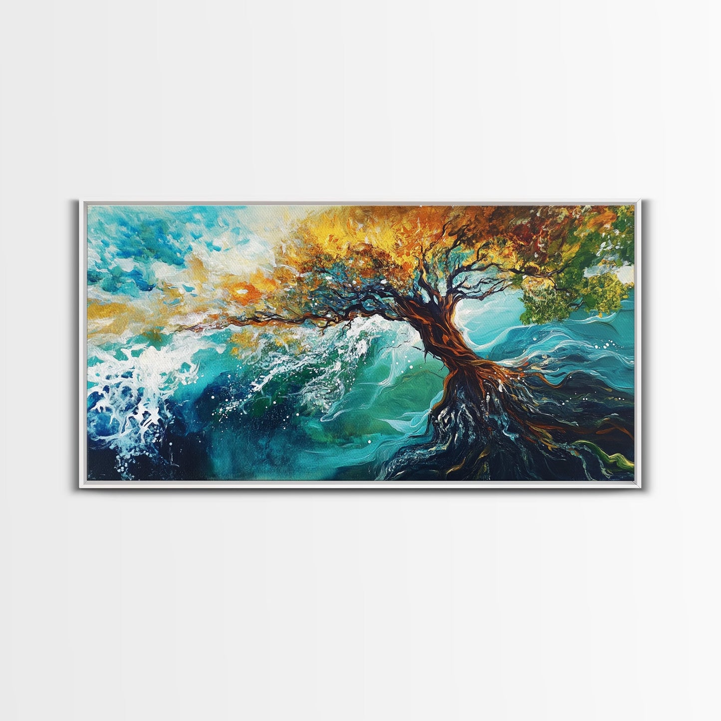 Tree in Waves, Canvas Print, coastal landscape art, wabi sabi art, extra wide painting, ocean painting, panoramic wall art