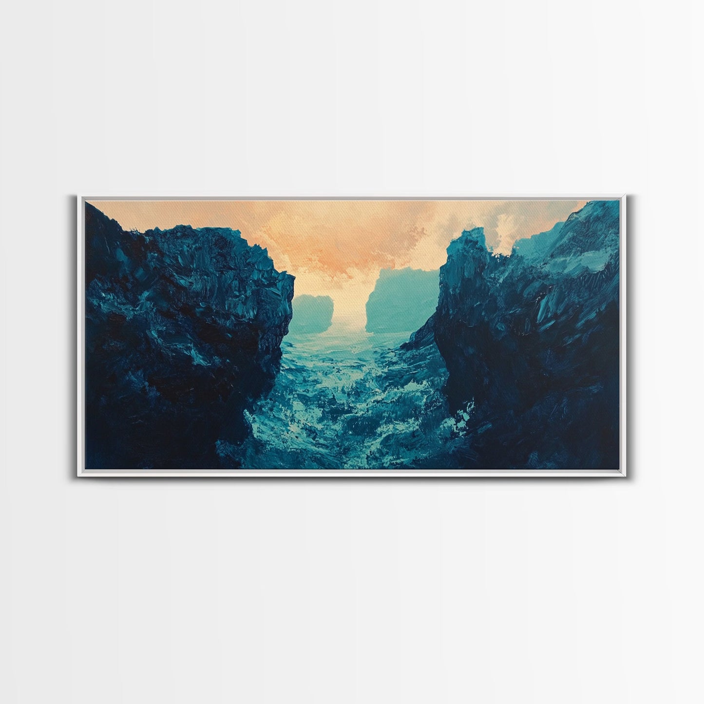 Moody Landscape, dramatic canyon, abstract oil painting, blue and green wall art, panoramic art, Framed Canvas Print, extra wide art