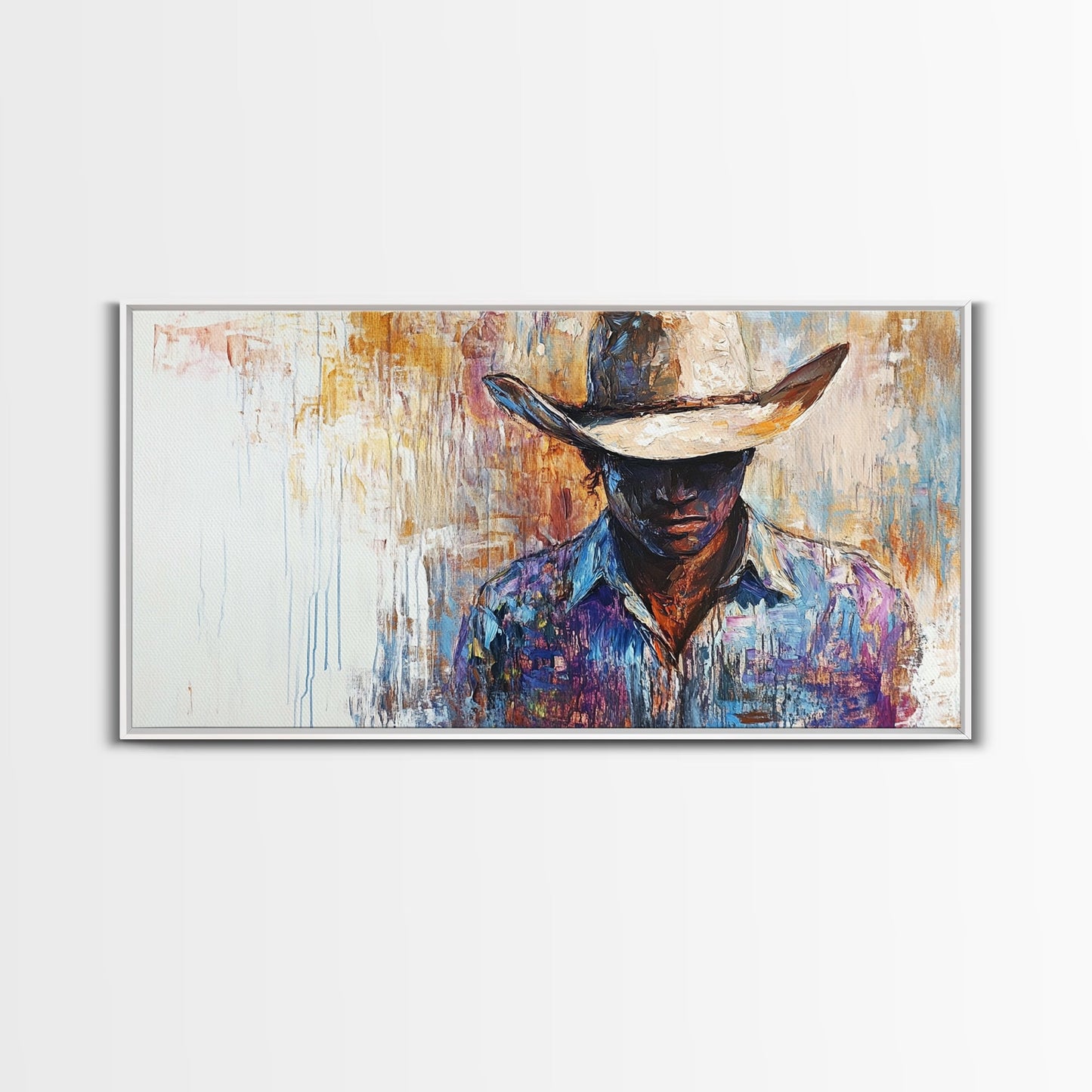 Western Cowboy, black cowgirl painting, rustic wall art, moody art, textured painting, cowboy hat art, farmhouse decor, Canvas Print