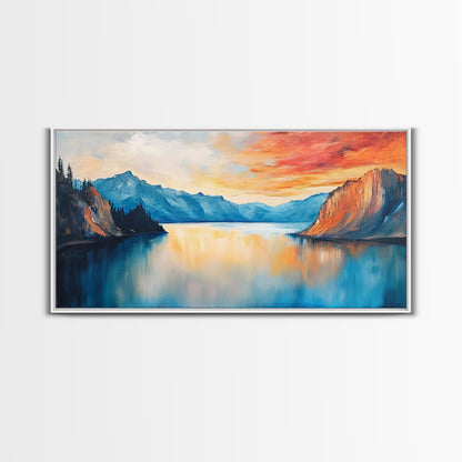 Mountain Lake Painting, Landscape Art, Lake Tahoe Art, Smoky Mountain Art, Rustic Decor, Sunset Wall Art, Extra Wide Art, Framed Canvas Print
