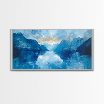 Fjord Painting, Blue and Green Wall Art, Lake Tahoe Art, Nautical Wall Art, Extra Wide Art, Panoramic Painting, Framed Canvas Print