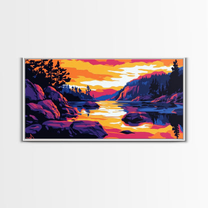 Golden Sunset, Rocky River, Mountain Reflection, Canvas Print, Rustic Lodge Wall Art, Autumn Home Decor, Warm Nature Painting, Colorful Art