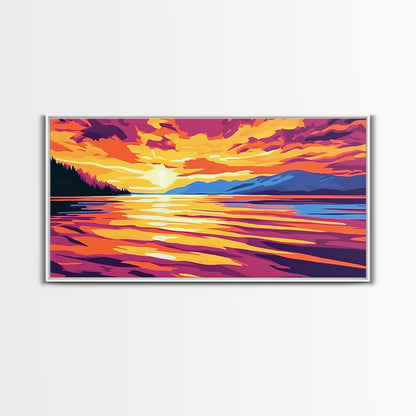 Sunset Glow, Serene Lake Reflection, Mountain Landscape Art, Vibrant Sky Painting, Framed Canvas Print, Office Wall Decor, Modern Home Art
