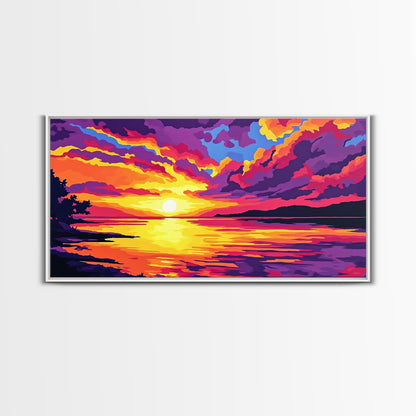 Dramatic Beach Sunset, Vibrant Sky Art, Colorful Coastal Print, Bold Nature Painting, Modern Home Wall Decor, Framed Canvas Print