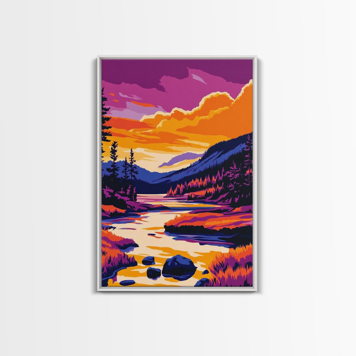 Sunset Lake Art, Colorful Nature Painting, Vibrant Landscape Canvas Print, Cabin Wall Decor, Rustic Home Art, Autumn Boho Wall Art