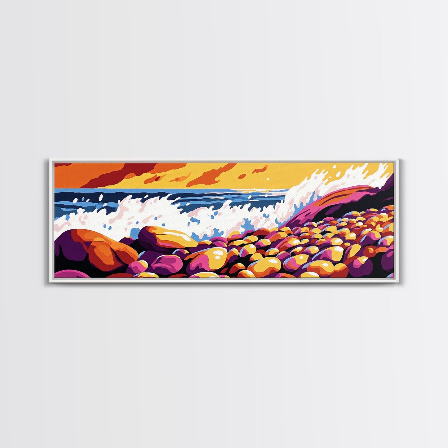 Ocean Waves, Rocky Shore, Coastal Landscape, Framed Canvas Print, Nautical Wall Art, Beach House Decor, Vibrant Seascape, Living Room Art