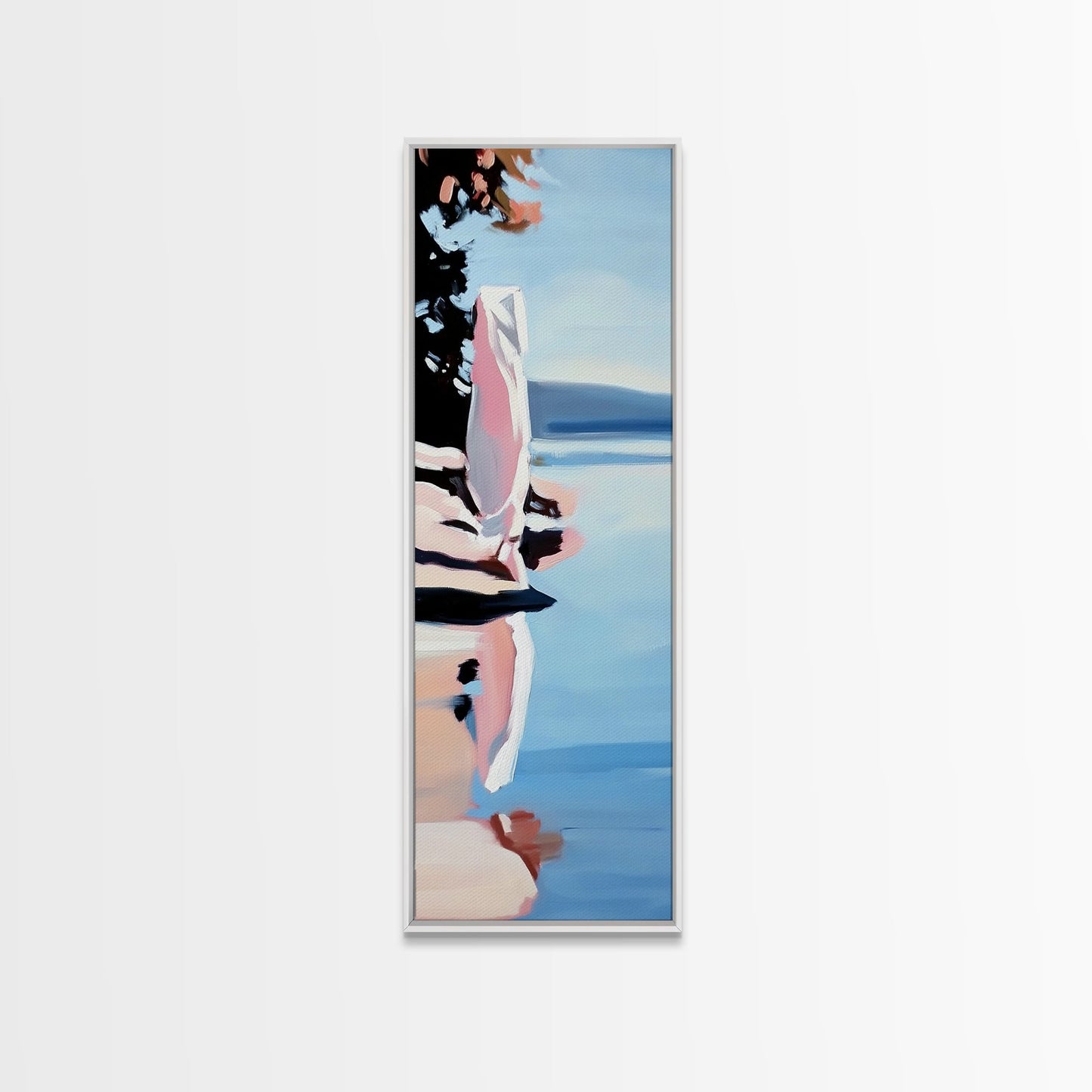 Lakeside Serenity, Peaceful Water Reflection, Tranquil Nature Painting, Forest Blue Landscape, Rustic Cabin Decor, Framed Canvas Print