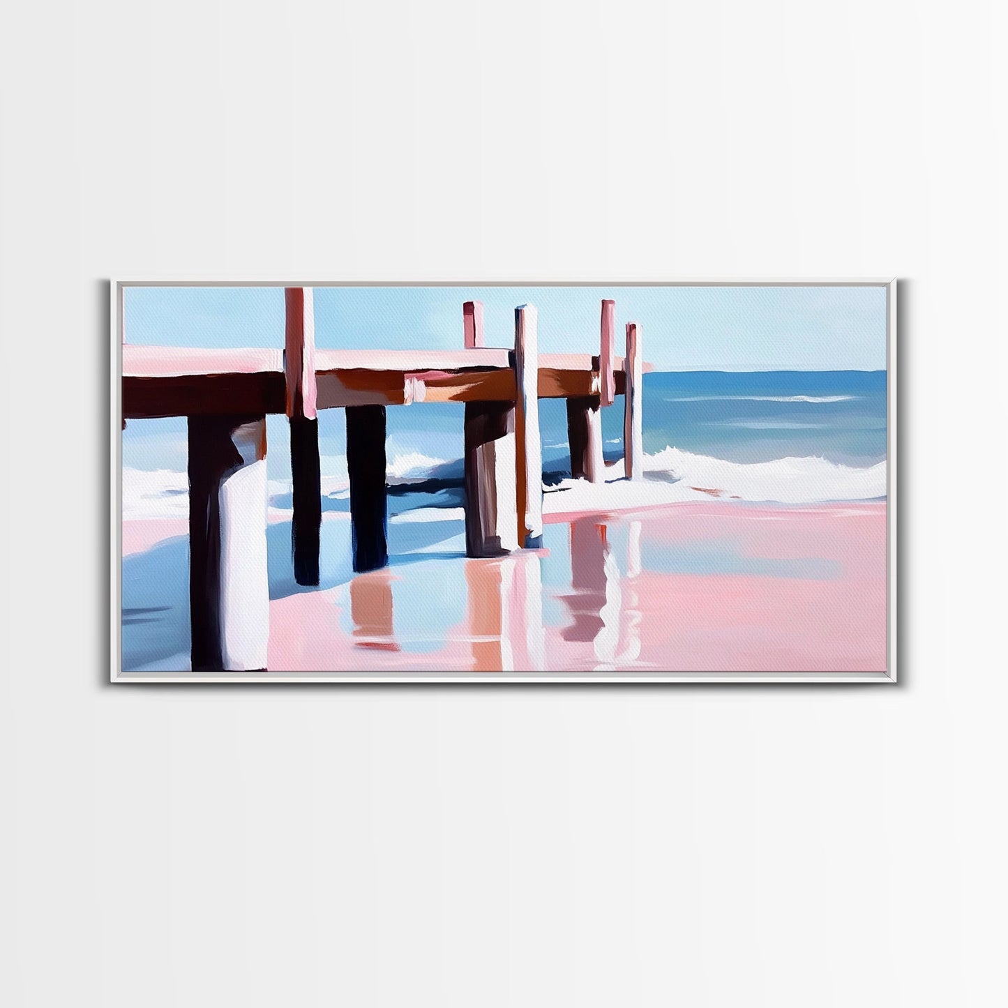 Beach Pier Painting, Coastal Ocean Scene, Nautical Seascape Art, Minimalist Modern Aesthetic, Relaxing Summer Wall Decor, Canvas Print