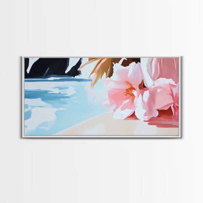 Blossom Beach, Floral Seascape, Coastal Art, Pastel Wall Decor, Living Room Art, Canvas Print, Minimalist Nature Painting, Tranquil Artwork