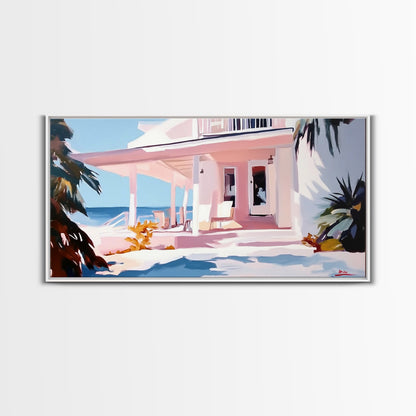 Oceanfront Porch, Coastal Home, Beach House, Seaside Retreat, Summer Vibes, Blue Wall Art, Nautical Style, Modern Decor, Framed Canvas Print