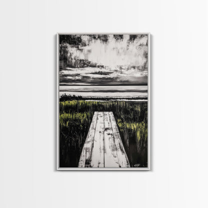 Pathway Beach Scene, Serene Coastal Art, Black and White Landscape, Modern Wall Decor, Relaxing Nature Framed Canvas Print, Office Art