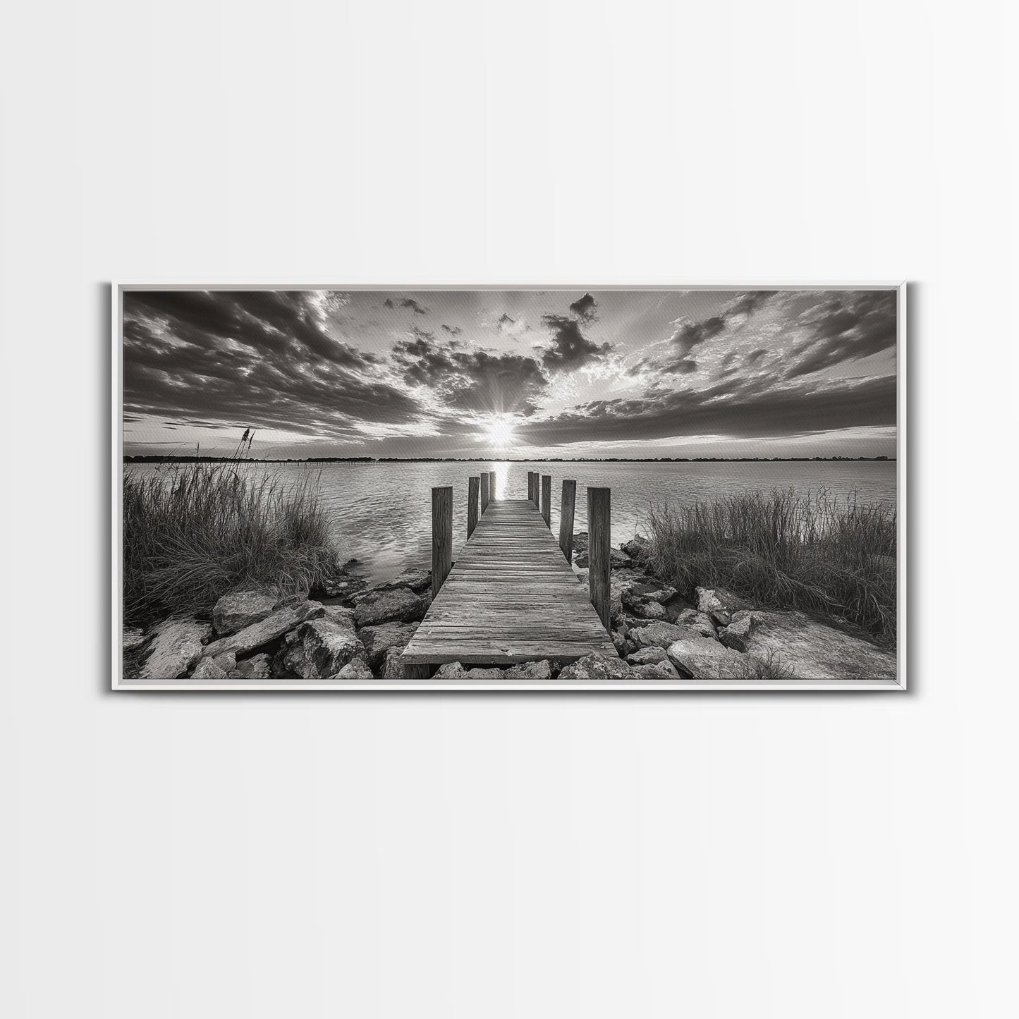 Rustic Dock Sunset, Lakehouse Art, Black White Landscape, Framed Canvas Print, Country Home Decor, Cabin Wall Art, Lakeside Tranquility