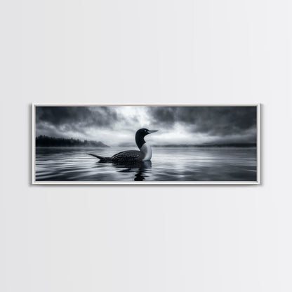 Northern Loon, Water Calm, Moody Wildlife, Canvas Print, Nature Wall Decor, Black and White Animal Art, Lakehouse Wall Art