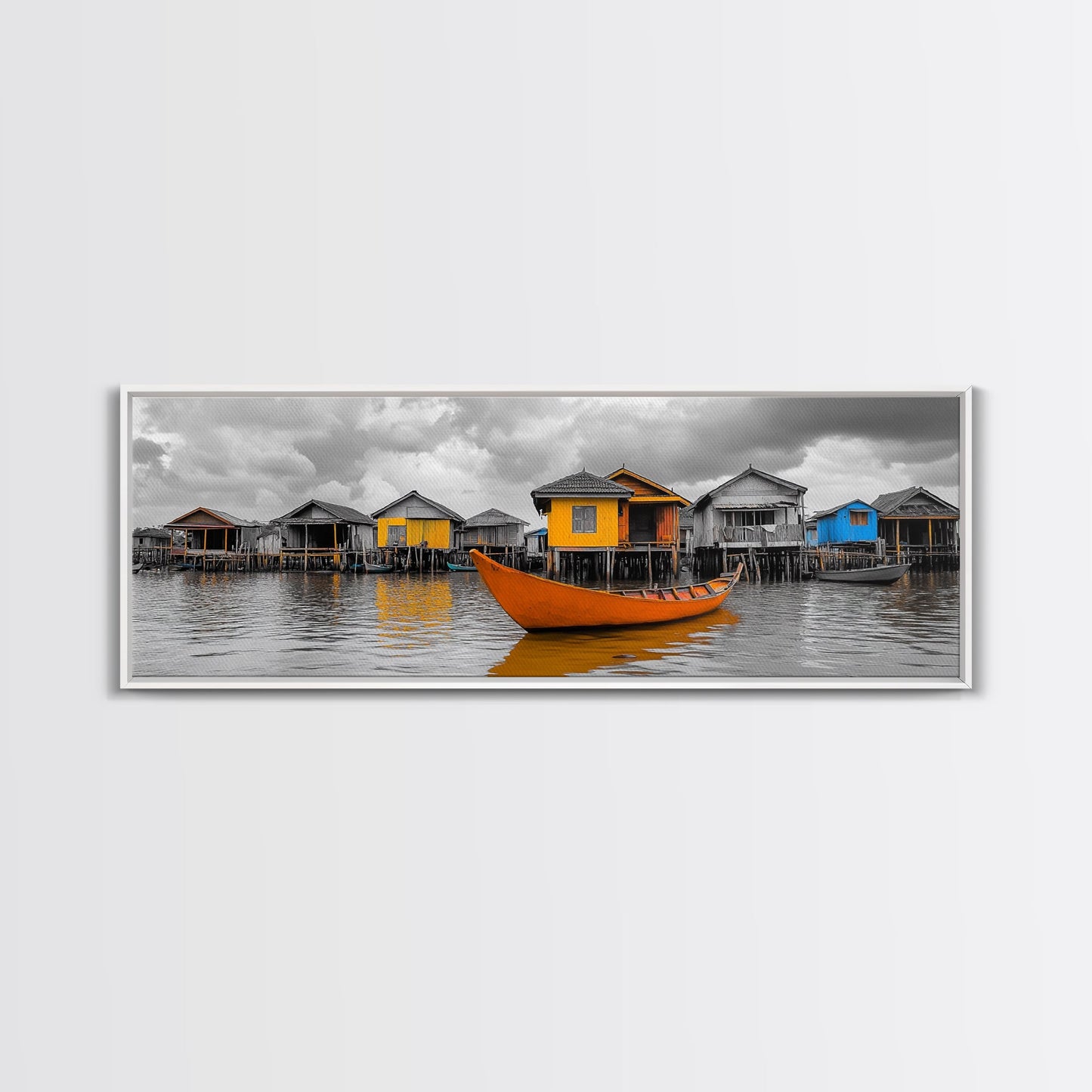 Colorful House Boats, Yellow Stilt Village, Framed Canvas Print, Vibrant Coastal Wall Art, Travel Photography, Living Room Accent Decor